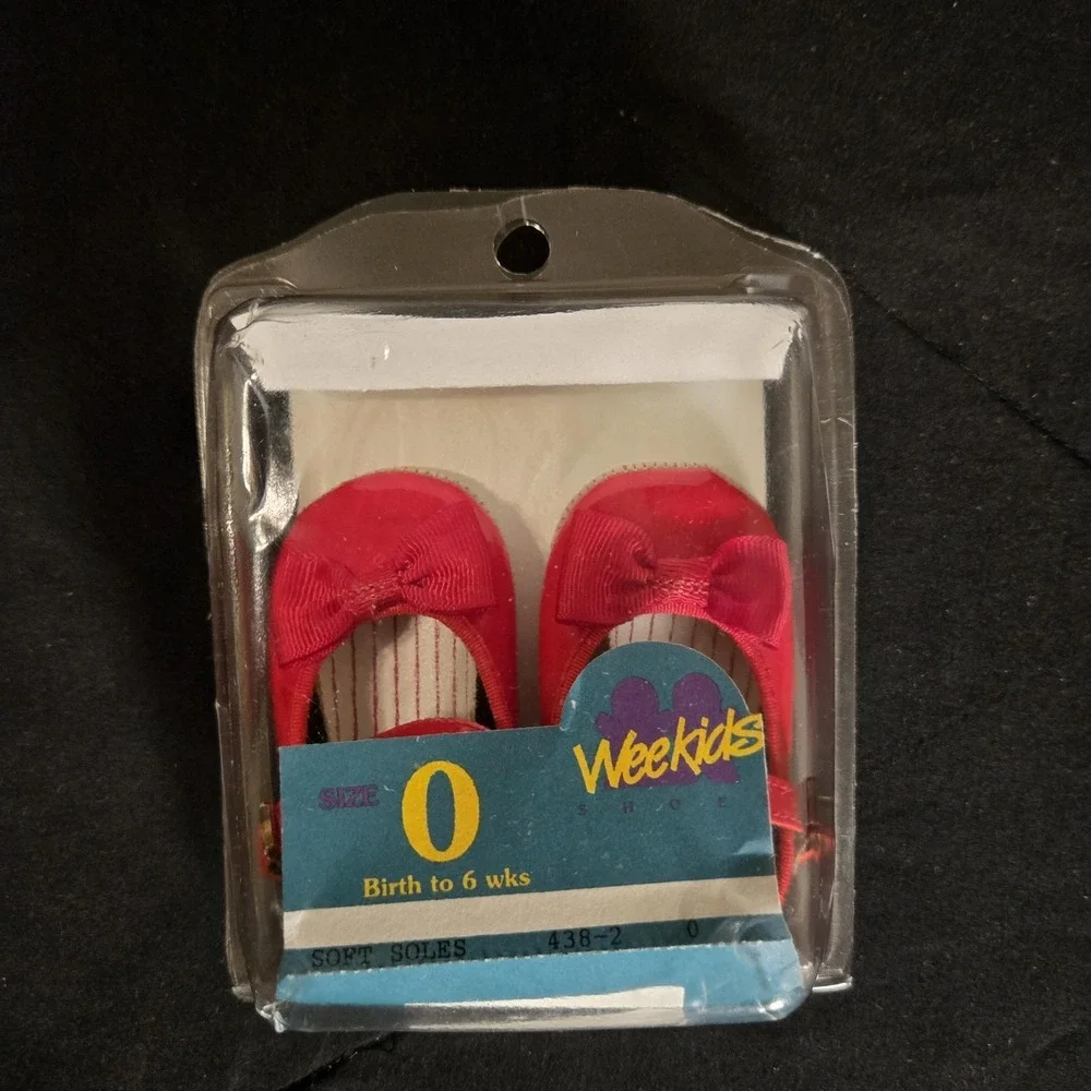Wee Kids Dress Shoes USA Girls‎ Newborn Size 0 Red Patent Mary Jane Bow Crib VTG